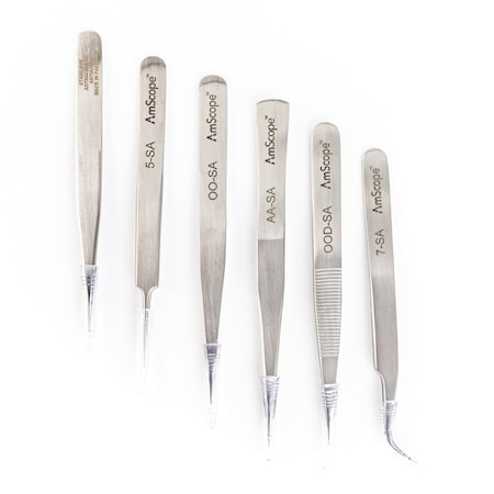 Amscope General Purpose Tweezers 6 Piece Set In Vinyl Pouch TW-472-SET-05PK